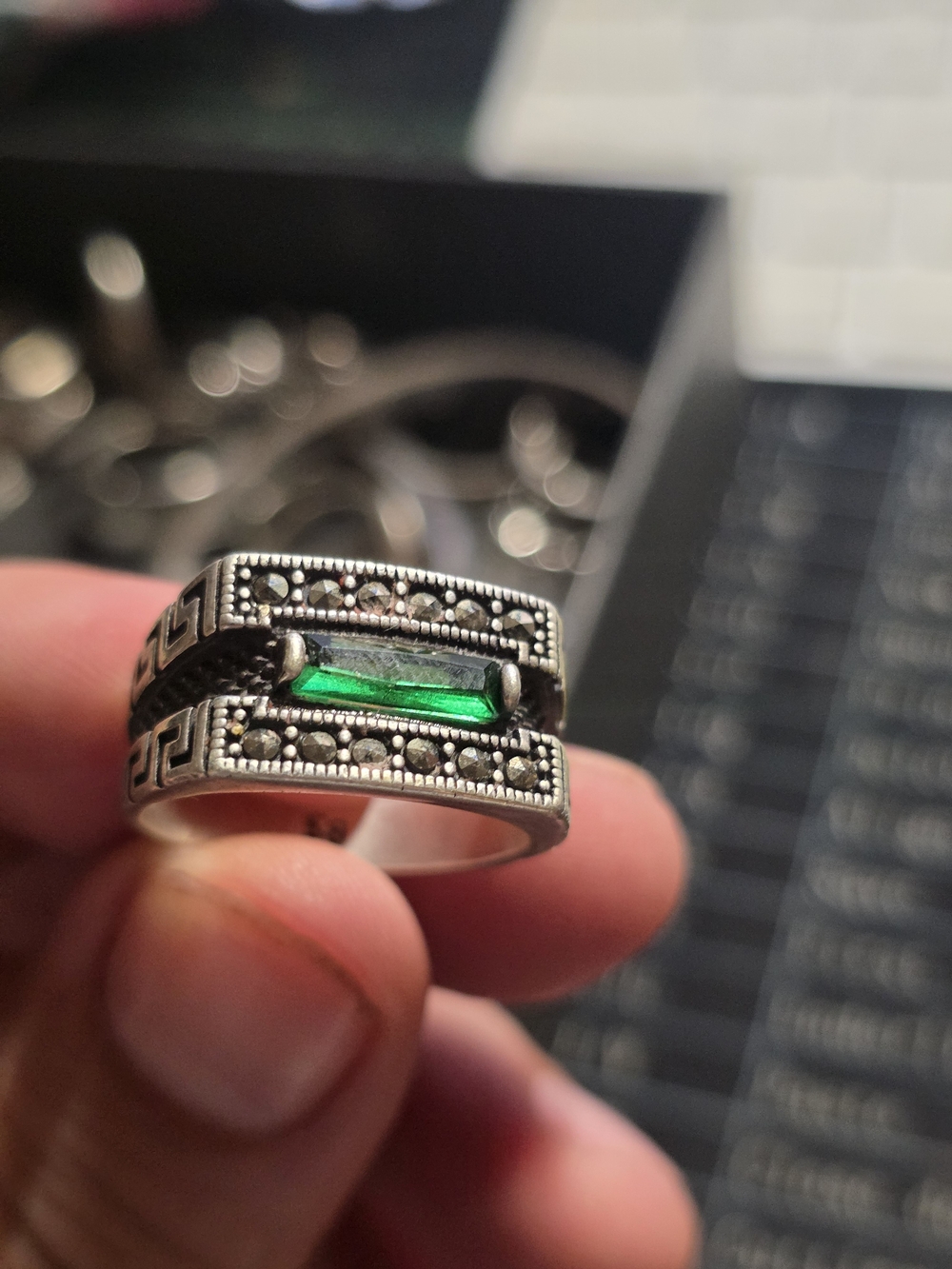 Sterling Silver Green Stone Marcasite Ring - Women's Jewelry